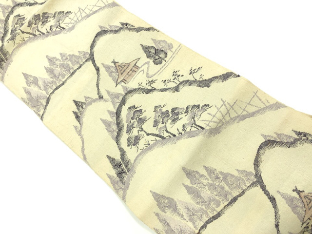 リサイクル　山並み・樹木・家屋風景模様織出し名古屋帯